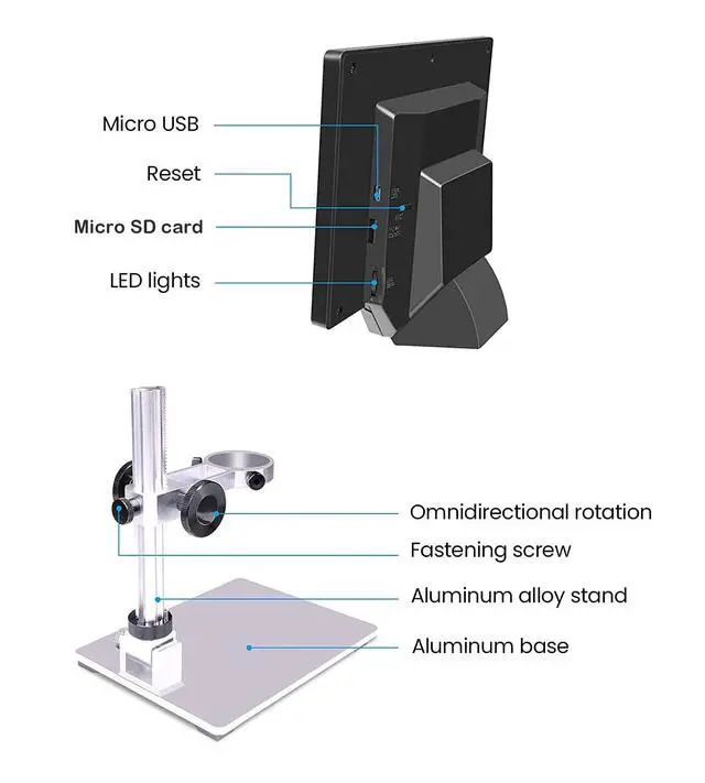 Alt view image 5 of 6 - 7" LCD Digital Microscope for Adults, 1200X Coin Magnifier with Screen, 12MP 1080P USB Camera, Metal Stand, 8 LED Lights, PC View for Soldering and PCB Repair