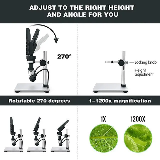 Alt view image 6 of 6 - 7" LCD Digital Microscope for Adults, 1200X Coin Magnifier with Screen, 12MP 1080P USB Camera, Metal Stand, 8 LED Lights, PC View for Soldering and PCB Repair