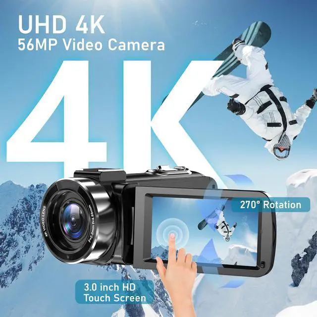 Alt view image 2 of 6 - 4K Video Camera Camcorder, 56MP 16X 270° Rotation Touchscreen WiFi IR Night | Camcorder Camera with 32GB Card Remote Control 2 Batterie LED Fill Light 3" IPS Touchscreen, Support of HD output Ext Mic