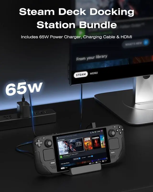 Alt view image 2 of 6 - Steam Deck Dock, All-in-One Accessories Bundle for Steam Deck | 4K@60Hz Docking Station, 65W Fast Charger, USB C & HDMI Cable, Protective Case, Screen Protectors & Thumb Grips