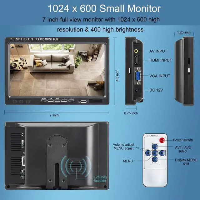 Alt view image 2 of 6 - 7 inch Portable Small HD 1080P VGA Monitor, Mini Screen 1024x600, HDMI/VGA/AV Input, with Speakers