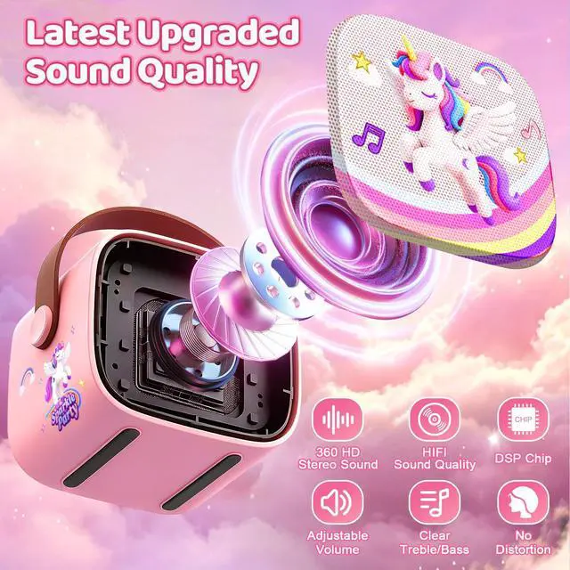 Alt view image 2 of 6 - Unicorn Karaoke Machine for Kids, Clear&Loud Sound Portable Mini Karaoke Machine+2 Wireless Microphones for Kids, 4 Voice Changers+Bluetooth, Birthday Gifts for 2-8 Year Old Girls Unicorn Gifts