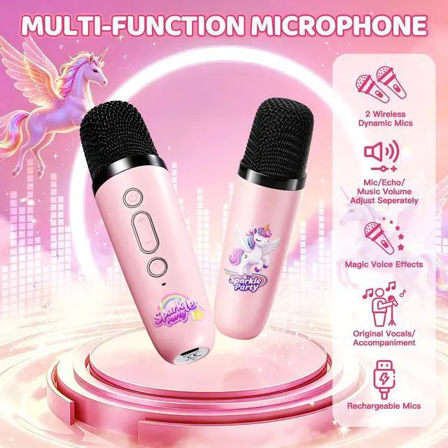 Alt view image 4 of 6 - Unicorn Karaoke Machine for Kids, Clear&Loud Sound Portable Mini Karaoke Machine+2 Wireless Microphones for Kids, 4 Voice Changers+Bluetooth, Birthday Gifts for 2-8 Year Old Girls Unicorn Gifts