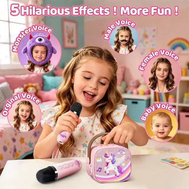 Alt view image 5 of 6 - Unicorn Karaoke Machine for Kids, Clear&Loud Sound Portable Mini Karaoke Machine+2 Wireless Microphones for Kids, 4 Voice Changers+Bluetooth, Birthday Gifts for 2-8 Year Old Girls Unicorn Gifts