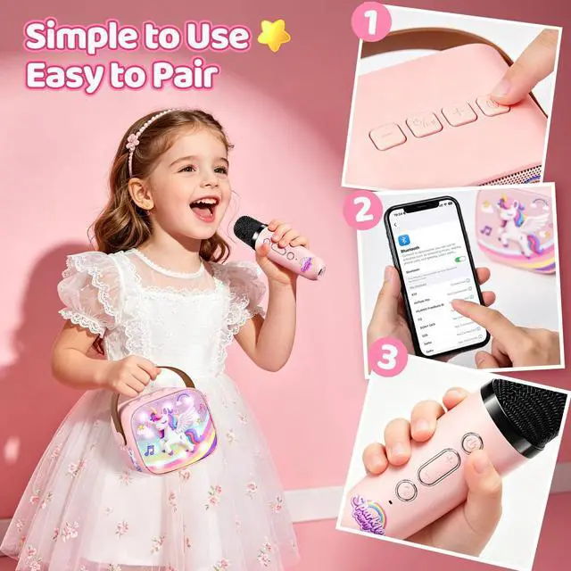 Alt view image 6 of 6 - Unicorn Karaoke Machine for Kids, Clear&Loud Sound Portable Mini Karaoke Machine+2 Wireless Microphones for Kids, 4 Voice Changers+Bluetooth, Birthday Gifts for 2-8 Year Old Girls Unicorn Gifts