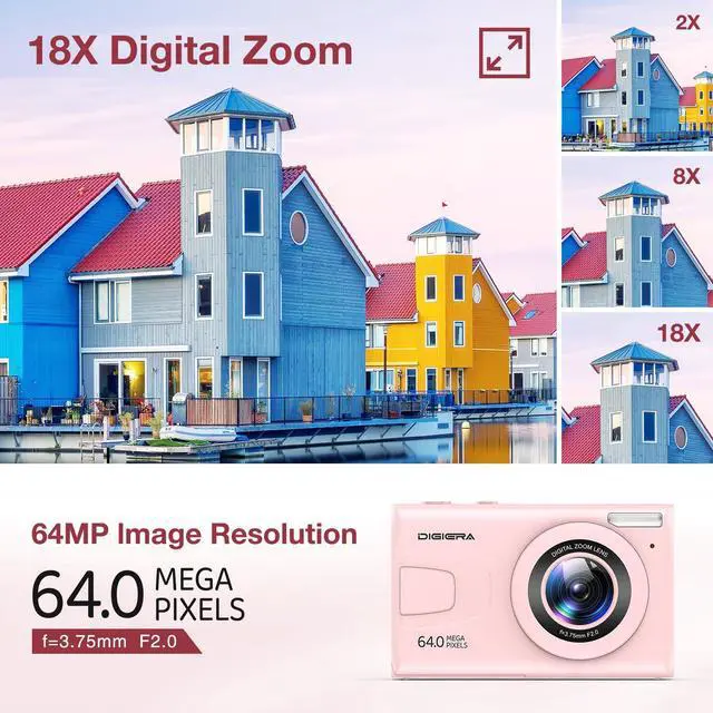 Alt view image 3 of 6 - C2 Digital Camera, 64MP 4K UHD Video, Autofocus Point and Shoot Camera with 2.4" IPS Screen, MP3/MP4 Playback, Time-Lapse, 18X Zoom, Flash, Compact Cameras for Kids Teens Beginners, Pink