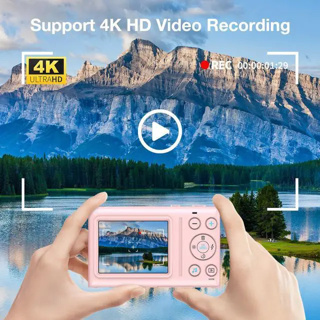 Alt view image 4 of 6 - C2 Digital Camera, 64MP 4K UHD Video, Autofocus Point and Shoot Camera with 2.4" IPS Screen, MP3/MP4 Playback, Time-Lapse, 18X Zoom, Flash, Compact Cameras for Kids Teens Beginners, Pink