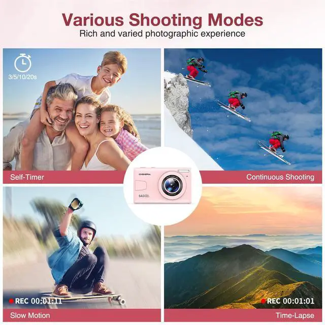 Alt view image 6 of 6 - C2 Digital Camera, 64MP 4K UHD Video, Autofocus Point and Shoot Camera with 2.4" IPS Screen, MP3/MP4 Playback, Time-Lapse, 18X Zoom, Flash, Compact Cameras for Kids Teens Beginners, Pink