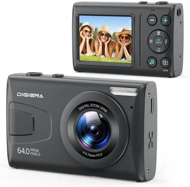 Main image of C2 Digital Camera, 64MP 4K UHD Video, Autofocus Point and Shoot Camera with 2.4" IPS Screen, MP3/MP4 Playback, Time-Lapse, 18X Zoom, Flash, Compact Cameras for Kids Teens Beginners, Black