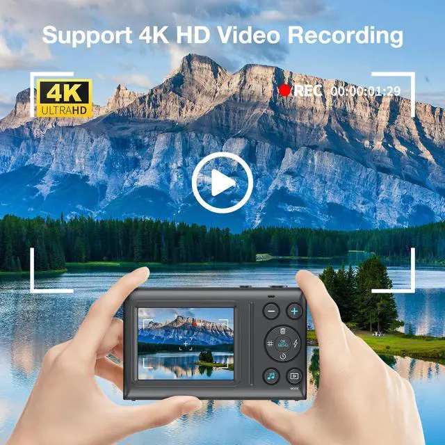 Alt view image 3 of 6 - C2 Digital Camera, 64MP 4K UHD Video, Autofocus Point and Shoot Camera with 2.4" IPS Screen, MP3/MP4 Playback, Time-Lapse, 18X Zoom, Flash, Compact Cameras for Kids Teens Beginners, Black