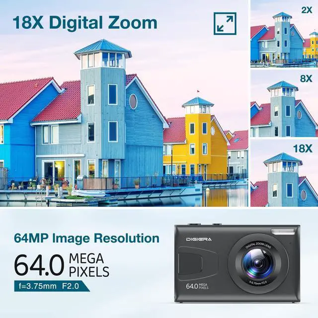 Alt view image 4 of 6 - C2 Digital Camera, 64MP 4K UHD Video, Autofocus Point and Shoot Camera with 2.4" IPS Screen, MP3/MP4 Playback, Time-Lapse, 18X Zoom, Flash, Compact Cameras for Kids Teens Beginners, Black