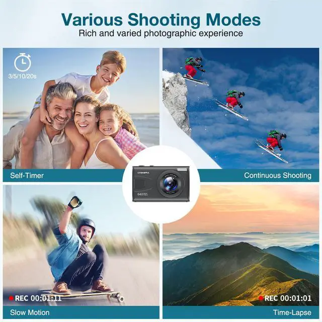 Alt view image 6 of 6 - C2 Digital Camera, 64MP 4K UHD Video, Autofocus Point and Shoot Camera with 2.4" IPS Screen, MP3/MP4 Playback, Time-Lapse, 18X Zoom, Flash, Compact Cameras for Kids Teens Beginners, Black