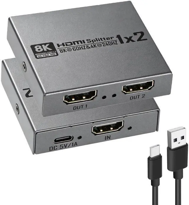 Main image of 8K@60Hz HDMI 2.1 Splitter 1 in 2 Out, 8K HDMI Splitter 1 in 2 Out Display Duplicate/Mirror Screen, Supports Ultra HD 4K 3D, Compatible for Blu-Ray Player, TV Box, PS3, PS4, Xbox Etc(Can not Extend