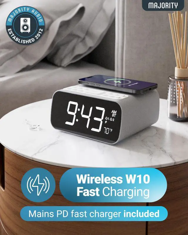 Alt view image 2 of 6 - Bluetooth Alarm Clocks with Wireless Charging | Bedside Clock for Bedroom with 10W Power FM Radio | Large Screen Display, Loud Alarm for Heavy Sleepers, and Display Backlit Dimmable Darwin
