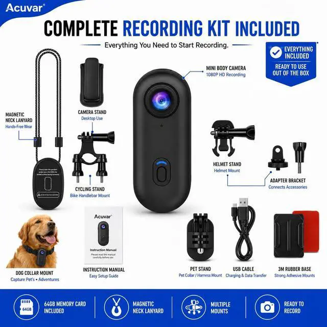 Alt view image 5 of 6 - Mini Body Camera 1080P, Wearable Action Body Cam with WiFi, Magnetic Clip-On Thumb Size Hands-Free Recording Camera with 64GB Card