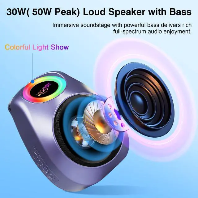 Alt view image 2 of 6 - Portable Speaker Bluetooth,BT5.3 Outdoor Speaker with Lights,30W Clear Loud Stereo Sound 4000mAh Battery TWS Pairing Stocking Stuffers for Camping/Party/Beach,Gift Ideas (Purple)