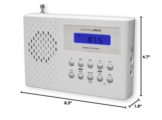 Alt view image 2 of 2 - HX-512R Portable AM/FM/Weather Alert Radio (White) | Digital Clock with Alarm, LCD Display, Rod Antenna, Headphone Jack, AC/DC Dual Power Source