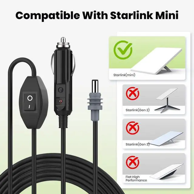 Alt view image 2 of 6 - 9.8FT Car Charger to DC Cable for Starlink Mini | Built-in Switch, Compatible with Car Charging | Portable, Durable, Reliable | Perfect for RVs, Camping, Travel & Emergency Use (C-lighter to DC5521)
