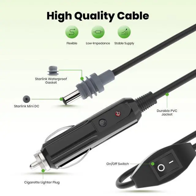 Alt view image 3 of 6 - 9.8FT Car Charger to DC Cable for Starlink Mini | Built-in Switch, Compatible with Car Charging | Portable, Durable, Reliable | Perfect for RVs, Camping, Travel & Emergency Use (C-lighter to DC5521)
