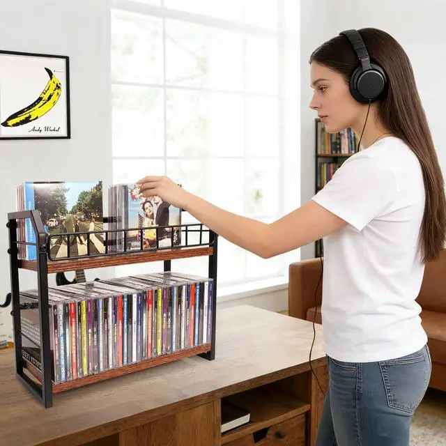 Alt view image 5 of 6 - 2-Tier CD Holder, CD Storage Shelf, CD Organizer with Display, CD holder stand, Premium CD Rack for Home & Office, Ideal for Music Enthusiasts (Brown) (2-Tier)