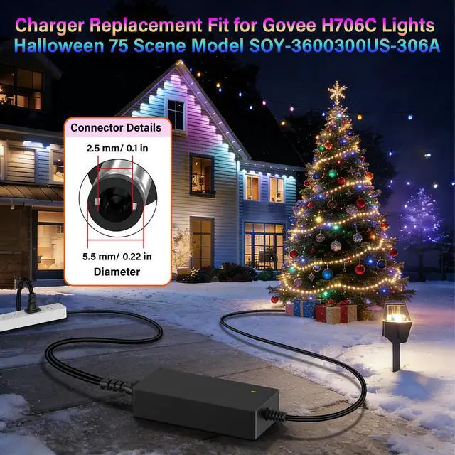 Alt view image 4 of 6 - 36V 3A 108W AC Adapter Compatible with Govee H706C Permanent Outdoor Lights | Charger Power Cord Fit for Govee H706C Lights Pro RGBIC LED Lights Halloween 75 Scene Modes Light Models SOY-3600300US-306