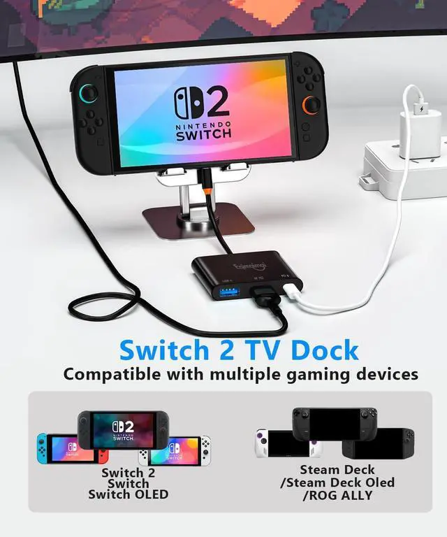 Alt view image 3 of 6 - Switch 2 Dock Compatible for Nintendo Switch 2 V22+;Usbc to hdmi Adapter with HDMI 2.1 4K120Hz, 100w PD Port,USB-A Converter, Portable Steam Deck Compatible with NS1/2,Mac,MacBook,Laptops