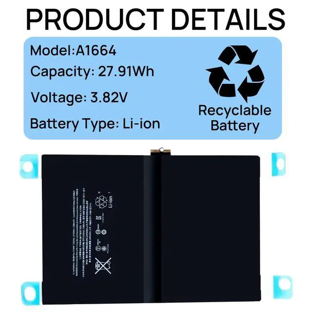 Alt view image 3 of 6 - A1664 Battery Compatible with iPad Pro 9.7 2016 Edition A1674 A1675 A1673 with Installation Tools 3.82V 7306mAh 27.91Wh
