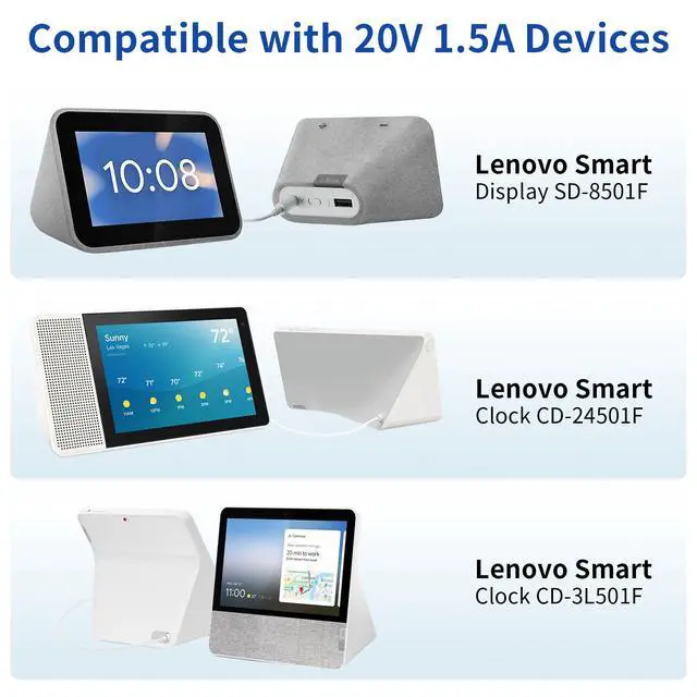 Alt view image 5 of 6 - 20V 1.5A Power for Lenovo Smart Clock Lenovo Smart Display 7/8/10 | Charger Adapter Cable for CD-24501F SD-8501F SD-X701B SD-X501F, PA-1300-42, SA18C47124, Not 12V, Not for PA-1300-41