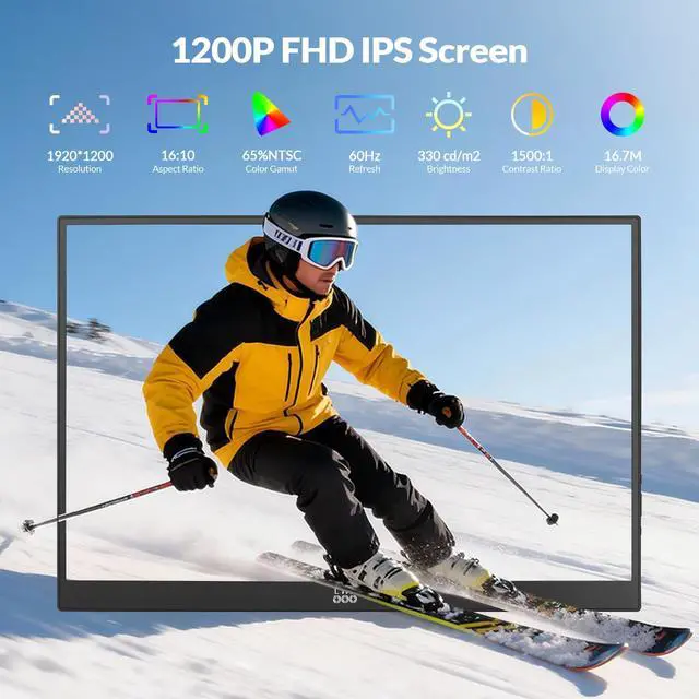 Alt view image 3 of 6 - Portable Monitor, 16 1200P FHD IPS Display 16:10, 1500:1 Contrast, USB-C&Mini HDMI Travel Monitor with Built-in Stand, Second Screen for Laptop/PC/Mac/Phone/Switch/Xbox/PS4/5, Vesa Mountable