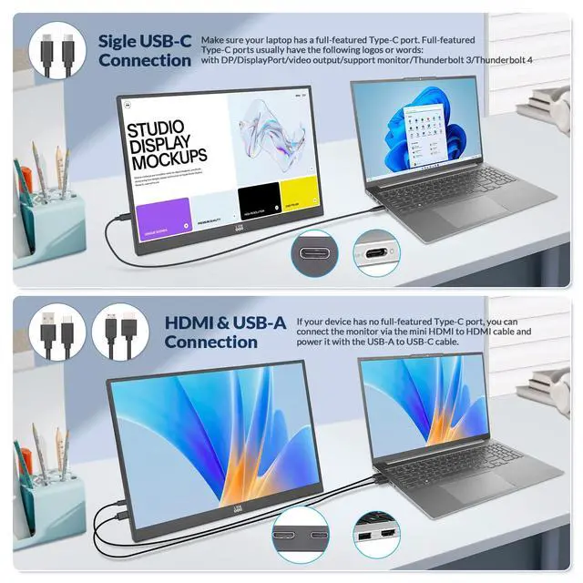 Alt view image 5 of 6 - Portable Monitor, 16 1200P FHD IPS Display 16:10, 1500:1 Contrast, USB-C&Mini HDMI Travel Monitor with Built-in Stand, Second Screen for Laptop/PC/Mac/Phone/Switch/Xbox/PS4/5, Vesa Mountable