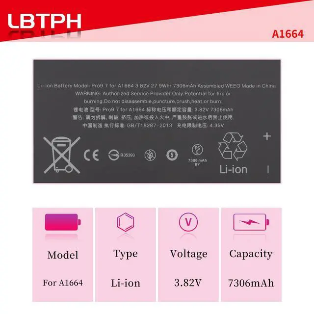 Alt view image 2 of 6 - A1664 Battery for iPad Pro 9.7 2016 Edition A1673 A1674 A1675 Series | 3.82V 7306mAh/27.91Whr with tools kit