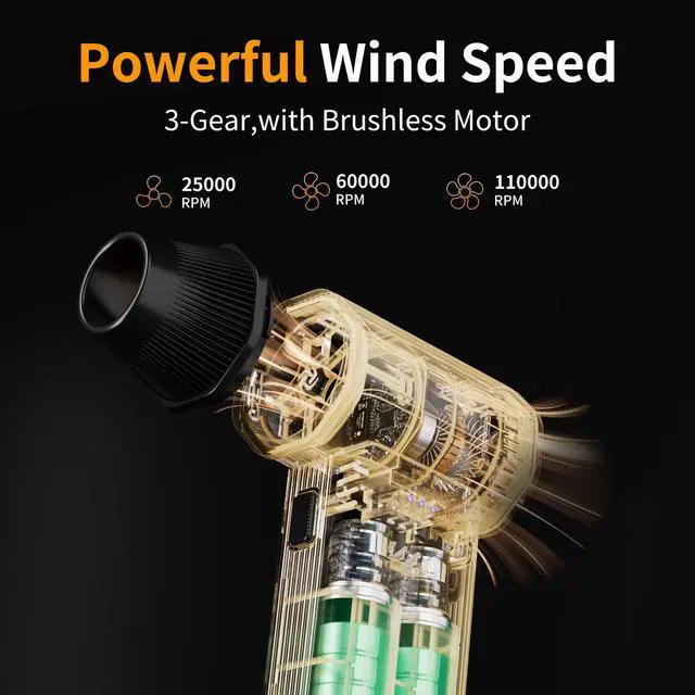 Alt view image 2 of 6 - Compressed Air Duster, 110000RPM Electric Air Duster, 3-Gear Mini Blower with Fast Type-C Charging, Turbo Fan Dust Blower for Computer, Keyboard, PC, Car, Home and Electronics