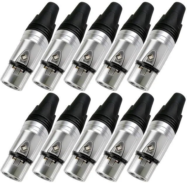 Main image of Geisler XLR 3 Pin Male XLR 3 Pin Female Plug Gold-Plated Copper Contacts Fine Silver Nickel Metal Housing with Muficolored Rubber Ring (Silver-housing Black-Mark Female) 10 Pack