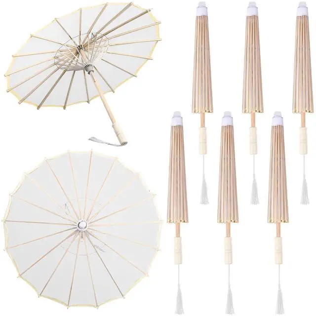 Main image of Parasol,White | 6 Pack 22.1 Inch Cloth Parasols Bamboo Handle, Handmade Japanese Style Tassel for Wedding Bridal Party Photo Prop Decor