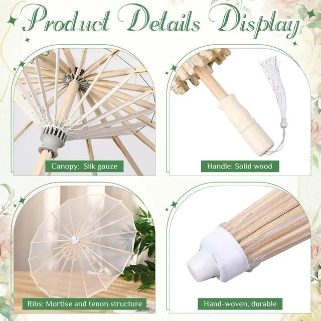 Alt view image 3 of 6 - Parasol,White | 6 Pack 22.1 Inch Cloth Parasols Bamboo Handle, Handmade Japanese Style Tassel for Wedding Bridal Party Photo Prop Decor