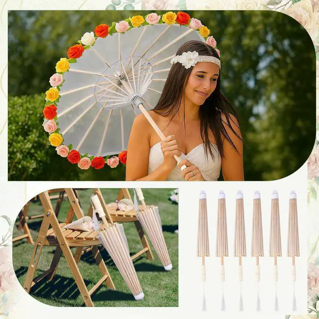 Alt view image 4 of 6 - Parasol,White | 6 Pack 22.1 Inch Cloth Parasols Bamboo Handle, Handmade Japanese Style Tassel for Wedding Bridal Party Photo Prop Decor