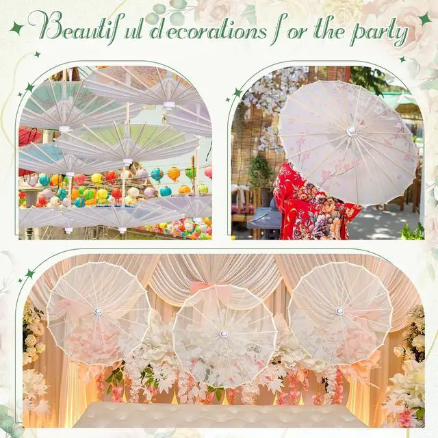Alt view image 6 of 6 - Parasol,White | 6 Pack 22.1 Inch Cloth Parasols Bamboo Handle, Handmade Japanese Style Tassel for Wedding Bridal Party Photo Prop Decor