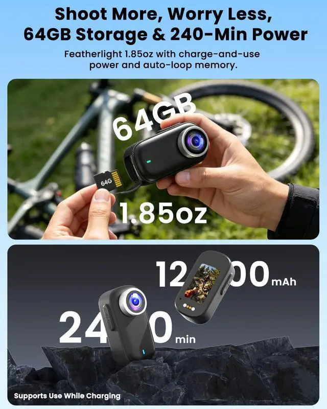Alt view image 3 of 6 - POV Camera, Thumb Camera 4K 64GB Body cam Action Camera(Black) | Waterproof Mini Body Camera with 1200 mAh Battery, Wearable Bodycam for Surfing, Diving, Skiing, Cycling and Vlogging