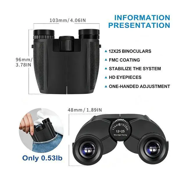 Alt view image 4 of 6 - 12x25 Compact Small Binoculars for Adults Teens Lightweight Pocket Binoculars with BAK4 Prism & FMC Lens High Power for Bird Watching, Concerts, Hiking Easy Focus, Comfortable Eyecups