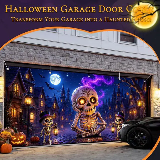 Alt view image 2 of 6 - Halloween Garage Door Cover, Giant Skeleton Banner Outdoor Decoration | 7×16 FT Spooky Skeleton Village Backdrop with Moon, Pumpkin & Bat Scene for Garage Door, Yard, Porch, Halloween Party Décor