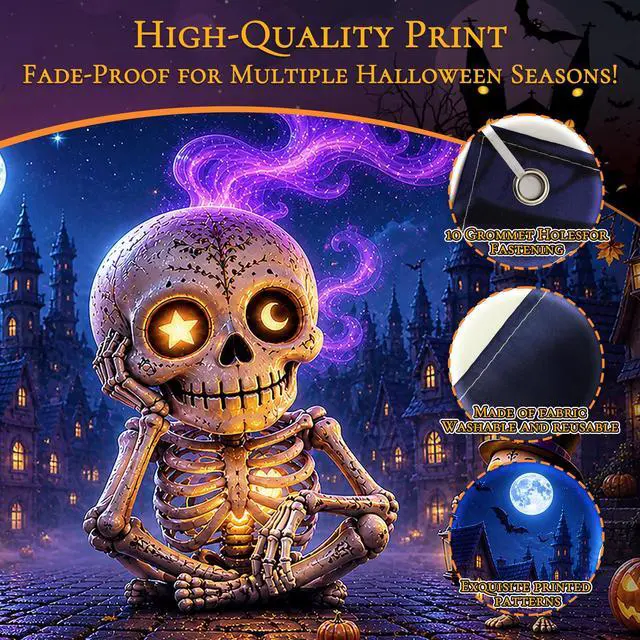 Alt view image 3 of 6 - Halloween Garage Door Cover, Giant Skeleton Banner Outdoor Decoration | 7×16 FT Spooky Skeleton Village Backdrop with Moon, Pumpkin & Bat Scene for Garage Door, Yard, Porch, Halloween Party Décor