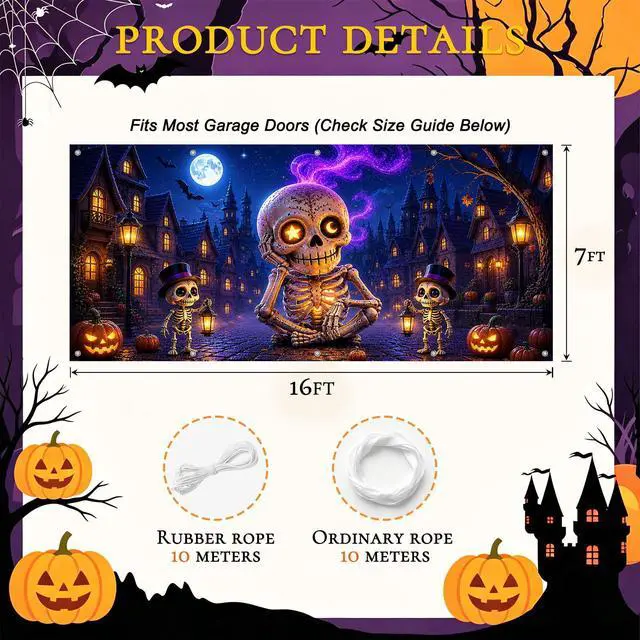 Alt view image 4 of 6 - Halloween Garage Door Cover, Giant Skeleton Banner Outdoor Decoration | 7×16 FT Spooky Skeleton Village Backdrop with Moon, Pumpkin & Bat Scene for Garage Door, Yard, Porch, Halloween Party Décor