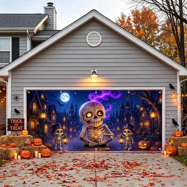 Alt view image 5 of 6 - Halloween Garage Door Cover, Giant Skeleton Banner Outdoor Decoration | 7×16 FT Spooky Skeleton Village Backdrop with Moon, Pumpkin & Bat Scene for Garage Door, Yard, Porch, Halloween Party Décor