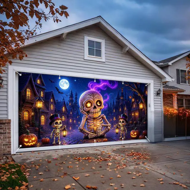 Alt view image 6 of 6 - Halloween Garage Door Cover, Giant Skeleton Banner Outdoor Decoration | 7×16 FT Spooky Skeleton Village Backdrop with Moon, Pumpkin & Bat Scene for Garage Door, Yard, Porch, Halloween Party Décor