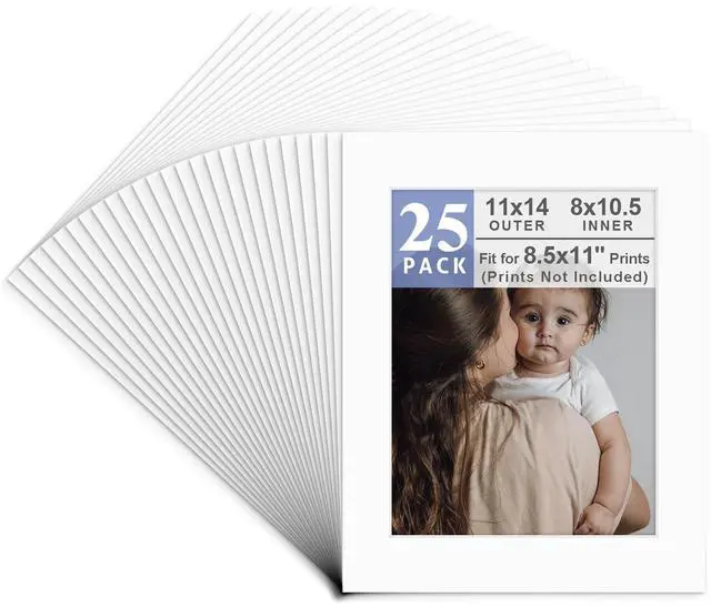 Main image of 25 Pack 11x14 White Picture Mats for 8.5x11 Photo | Acid Free Photo Mat with 8x10.5 inch Opening, Fit for 8.5x11 Prints, White Core Bevel Cut Pre-Cut Mattes