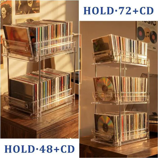Alt view image 3 of 6 - Clear CD Organizer, 3-Tier Sliding Drawer Storage Shelf - Holds 72 CDs, Versatile Organizer for VCDs DVDs CDs, Cosmetics, Cups (3-Tier)