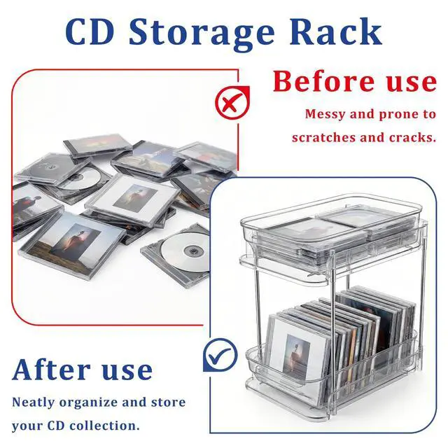 Alt view image 4 of 6 - Clear CD Organizer, 3-Tier Sliding Drawer Storage Shelf - Holds 72 CDs, Versatile Organizer for VCDs DVDs CDs, Cosmetics, Cups (3-Tier)