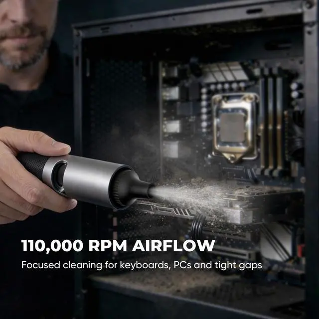Alt view image 2 of 6 - Electric Air Duster, Cordless Compressed Air Duster, Metal Body, 4 Speeds, Hold-to-Turbo, for Keyboard, PC, Car Interior Cleaning, Canned Air Alternative