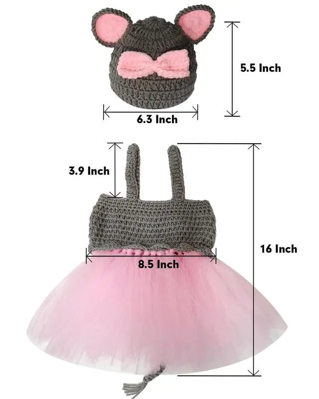 Alt view image 3 of 6 - Newborn Baby Girls Photography Elephant Outfits Infant Baby Photo Lace Tutu Skirt Crochet Dress Hat