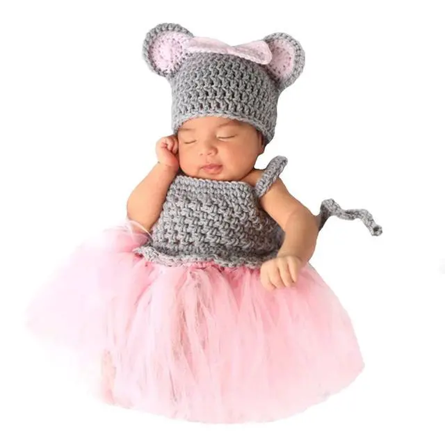 Alt view image 4 of 6 - Newborn Baby Girls Photography Elephant Outfits Infant Baby Photo Lace Tutu Skirt Crochet Dress Hat